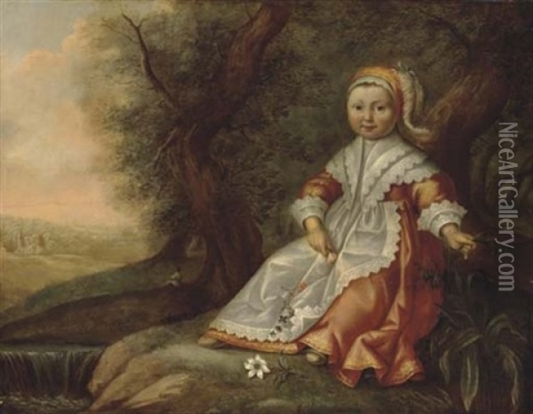 Portrait Of A Young Girl Seated By A River, With Flowers In Her Hands Oil Painting - Dirck Dircksz van Santvoort
