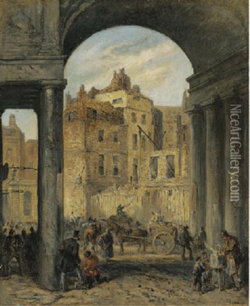 Foregate, Strand, Entrance To Boswell Court, Showing Demolition Work In Progress Prior To The Building Of The New Law Courts Oil Painting - Robert Thomas Landells