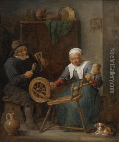 An Elderly Couple Spinning Wool In An Interior Oil Painting - David The Younger Teniers