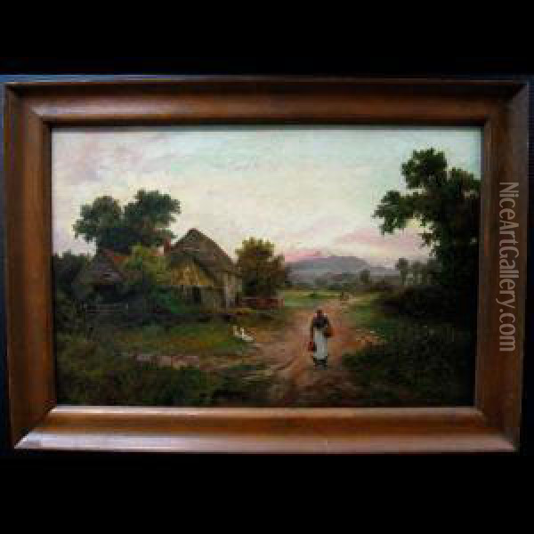 Lady On Roadway Passing Barns And Geese Oil Painting - Leopold Rivers