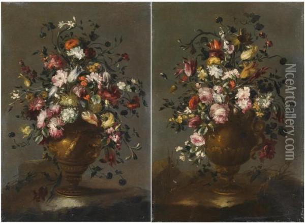 Two Still Lifes With Roses, 
Tulips, Viburnums, Sunflower, Poppies And Other Flowers In A Vase Oil Painting - Francesco Guardi