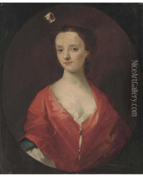 Portrait Of A Young Lady, Bust-length In A Red Dress Within Afeigned Oval Oil Painting - Sir Godfrey Kneller