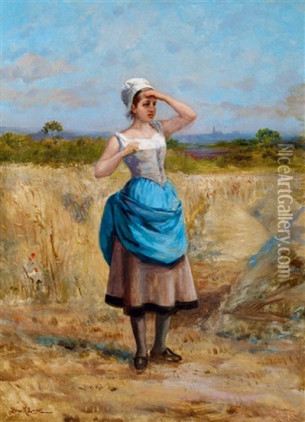 In The Fields (french Girl) Oil Painting - Lajos Bruck
