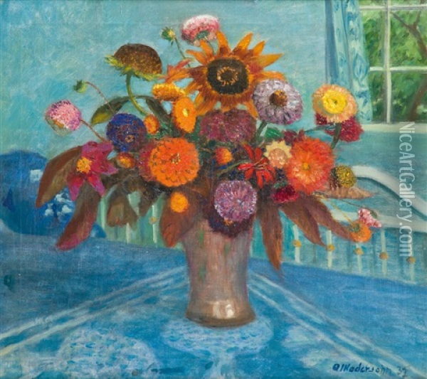 Herbstblumenstraus Auf Blauer Decke Oil Painting - Otto Modersohn