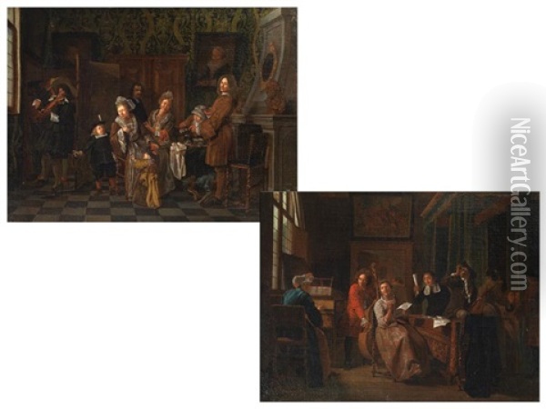 Tischgesellschaft Bei Hausmusik (+ Another, Similar; Pair) Oil Painting - Jan Josef Horemans the Elder
