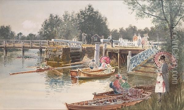 A Busy Afternoon On The River. Oil Painting - Albert Ludovici