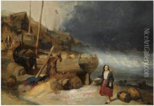 Fisherfolk By A Beached Vessel Oil Painting - Wijnandus Johannes Josephus Nuijen