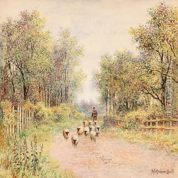An Autumn Afternoon - Shepherd & Sheep Oil Painting - H.A. Graham Yooll