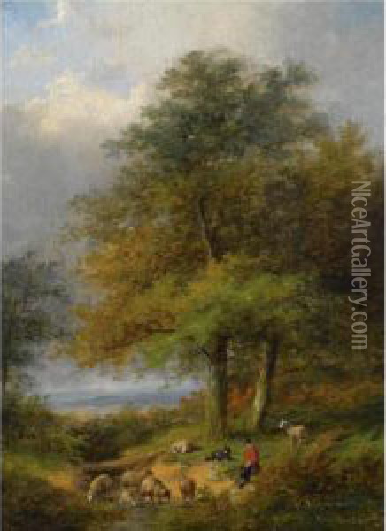A Shepherd In A Forest Landscape Oil Painting - Jan Evert Morel