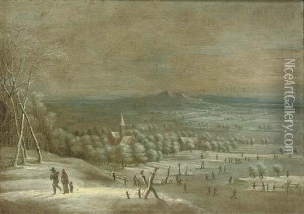 An Extensive Winter Landscape With Travellers On A Path And Skaters On A Frozen Lake Oil Painting - Lucas Van Uden