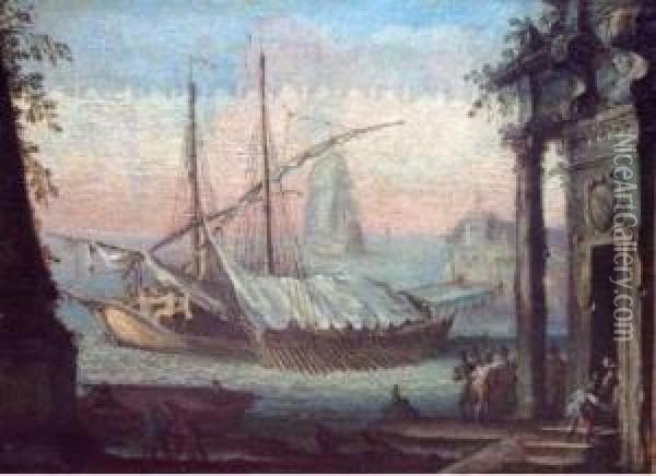 Galere Arrivant Au Port. Oil Painting - Gherardo Poli