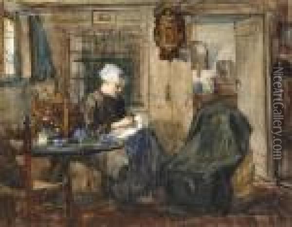 Seated Lady With Sewing Utensils Oil Painting - Floris Arntzenius