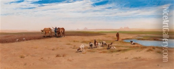 Goatherd And Labourer Near The Pyramids At Giza Oil Painting - Frederick Goodall