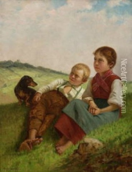 Geschwisterpaar Mit Dackel Auf Der Wiese Oil Painting - Theodor Kleehaas