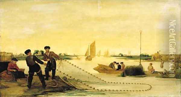 A river landscape with two fishermen pulling in their nets, with bathers beyond Oil Painting - Arentsz van der Cabel