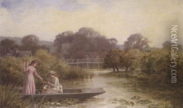 Two Ladies At The Pond Oil Painting - Alfred Glendening Jr.