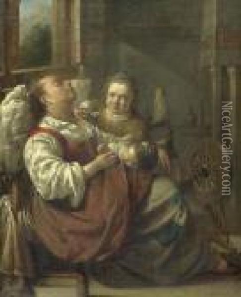 Schlafende Frau Mit Zwei Kindern. Oil Painting - Jacob Duck