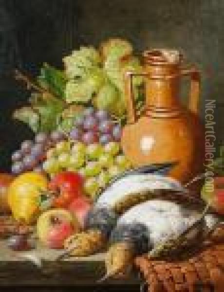 Still Life With Fruit, An Earthenware Vase Andgame Oil Painting - Charles Thomas Bale