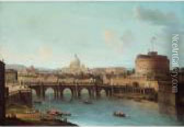 Rome, A View Of The Tiber With 
The Ponte And Castel Sant'angelo, St. Peter's Basilica And The Vatican 
Beyond Oil Painting - Antonio Joli
