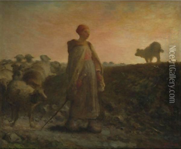 Shepherdess Returning With Her Flock Oil Painting - Jean-Francois Millet