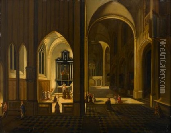 A Church Interior At Night With A Priest Saying Mass Oil Painting - Peeter Neeffs the Elder