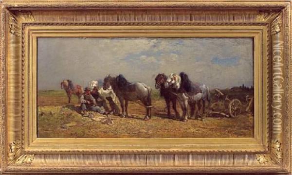 Repos Pendant Les Labours Oil Painting - Jules Hereau
