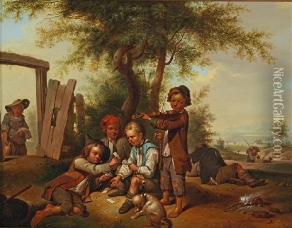 Children Fishing; And Children Playing Oil Painting - Johann Conrad Seekatz
