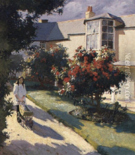 In A Summer's Garden Oil Painting - Harold Harvey