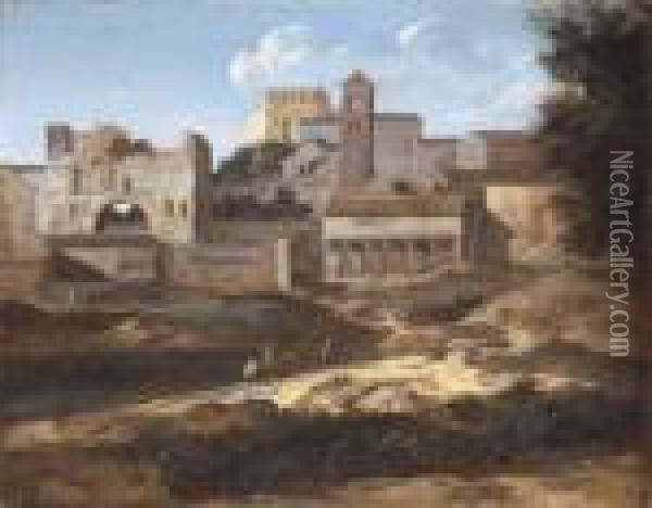 A Capriccio View Of Classical Buildings Oil Painting - Gaspard Dughet Poussin