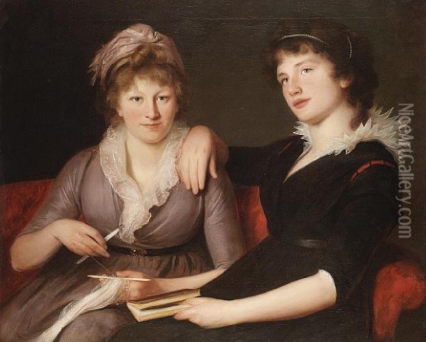Portrait Of Two Women, Half Length, Seated,one In A Brown Dress Crocheting, The Other In A Black Dress,holding A Book Oil Painting - John James Masquerier