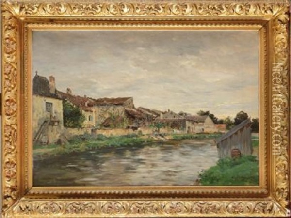 Lavandieres Devant Le Village Oil Painting - Edmond Marie Petitjean