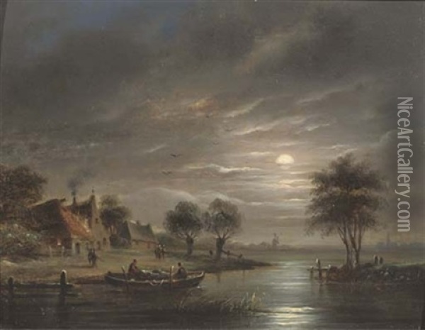 Fishing By Moonlight Oil Painting - Jacobus Theodorus Abels