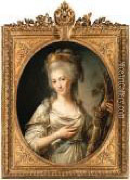 Portrait Of A Lady, Said To Be 
Princesse De Lamballe, Standingthree-quarter Length, Wearing A White 
Dress With A Blue Sash,beside A Tree With A Grapevine Oil Painting - Antoine Vestier