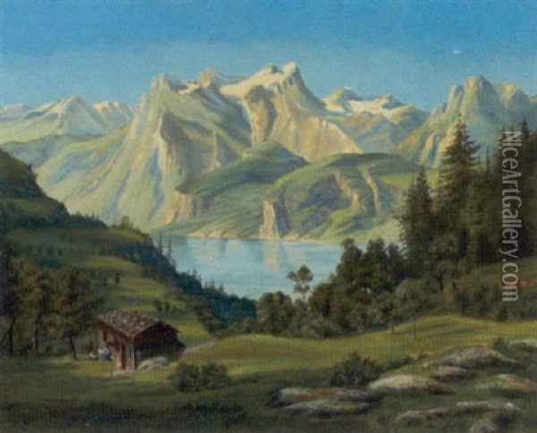 Sydlandsk Bjerglandskab Med I Forgrunden Figurer Ved Hytte Oil Painting - Thorald Laessoe