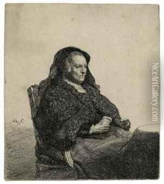 The Artist's Mother Seated At A Table Looking Right Oil Painting - Rembrandt Van Rijn