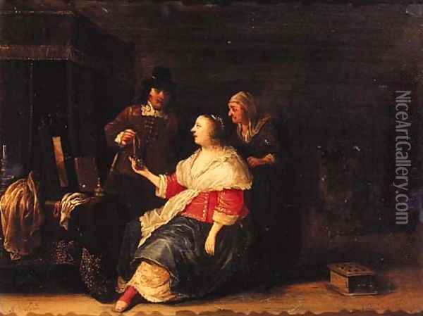 A gentleman offering a piece of jewelery to a woman in interior Oil Painting - Anthonie Palamedesz