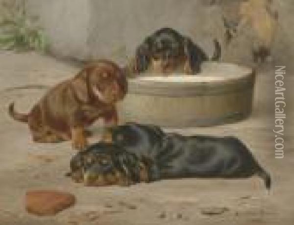 Dachshund Puppies Oil Painting - Otto Bache