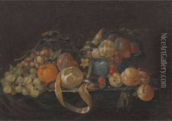 A Partly-peeled Lemon On A 
Pewter Plate, And Plums, Cherries And Other Fruit In A Porcelain Bowl, 
With Grapes, Plums, A Gherkin And Peaches On A Partly-draped Table Oil Painting - Cornelis De Heem