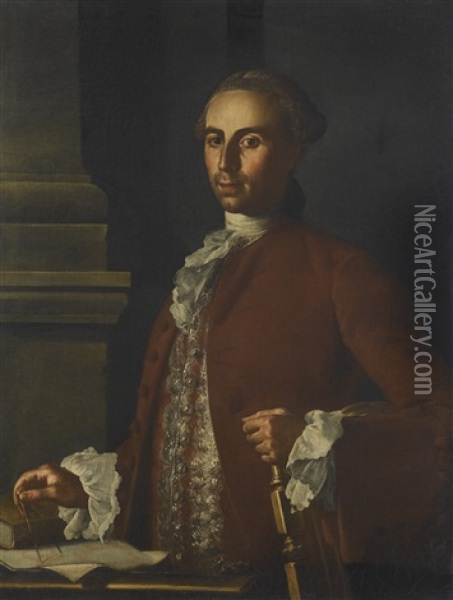 Portrait Of An Architect, Half-length, In A Red Coat And White Stock, Holding A Compass, Standing Before A Column Oil Painting - Carlo Amalfi