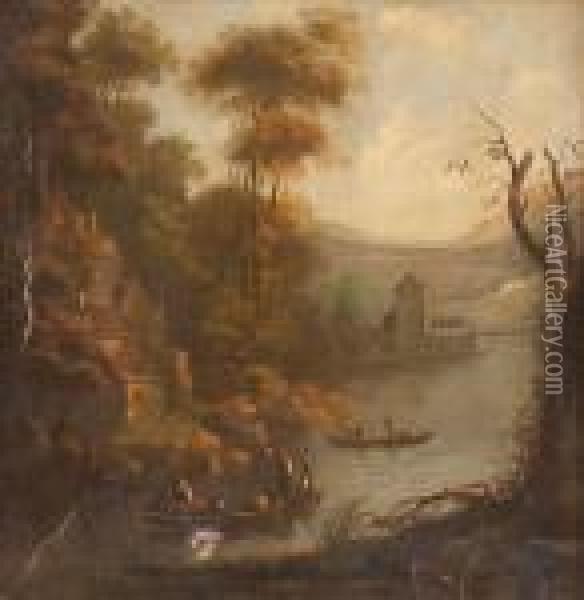 Flusslandschaft Mit Anglern Oil Painting - Christian Wilhelm Ernst Dietrich