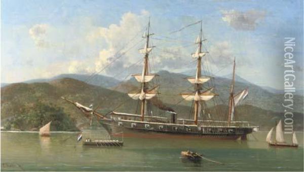 A Dutch Naval Barque Anchored Off A Foreign Coast Oil Painting - Everhardus Koster