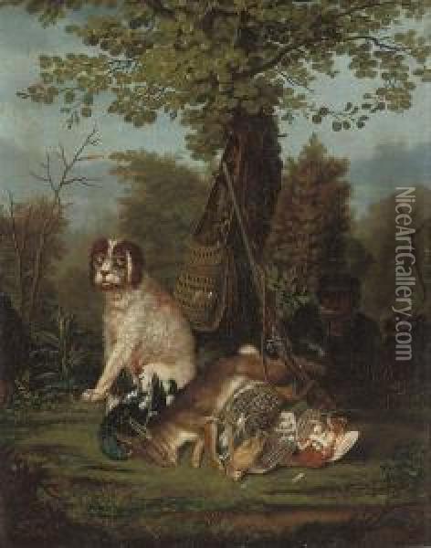 A Wooded Clearing With A Huntsman At Rest With His Hound And A Deadhare, Woodcock And Other Birds Oil Painting - Johann Friedrich Seupel