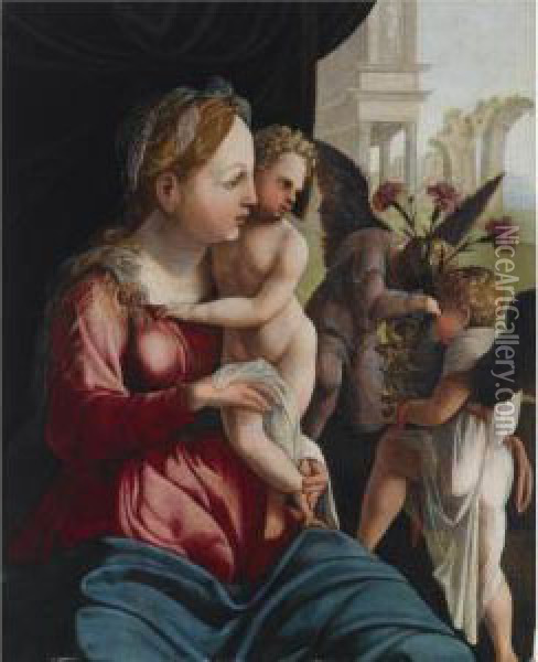 The Madonna And Child With Two Angels Oil Painting - Jan Van Scorel