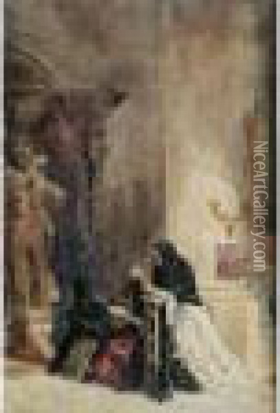 Continental Church Interior With Three Women In Black Shawlskneeling In Prayer Oil Painting - David Roberts