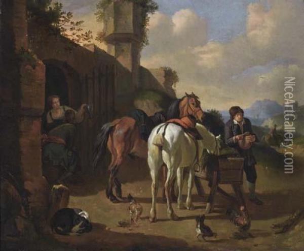 Resting At The Trattoria. Oil Painting - Pieter van Bloemen