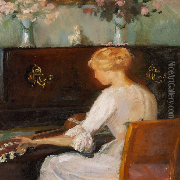 Helga Ancher Playing Guitar In Front Of A Piano In The Ancher Family House Oil Painting - Anna Ancher