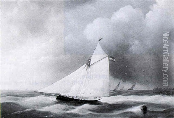 A Sailing Vessel 'de Sperwer' On An Estuary Oil Painting - Jan Hendrik Boshamer
