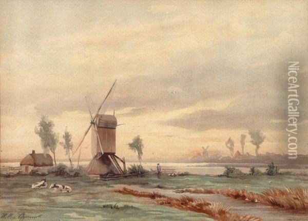 Windmill In A Polderlandscape Oil Painting - Willem Johannes Oppenoorth