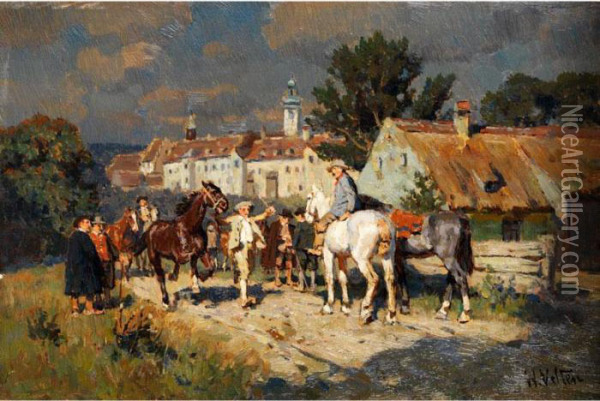 Pferdemarkt Vor Einer Kleinstadt Oil Painting - Wilhelm Velten