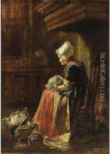 A Woman Seated With A Cabbage In
 A Chair By The Fire Place, A Vegetable Still Life At Her Feet Oil Painting - Hendrik Valkenburg